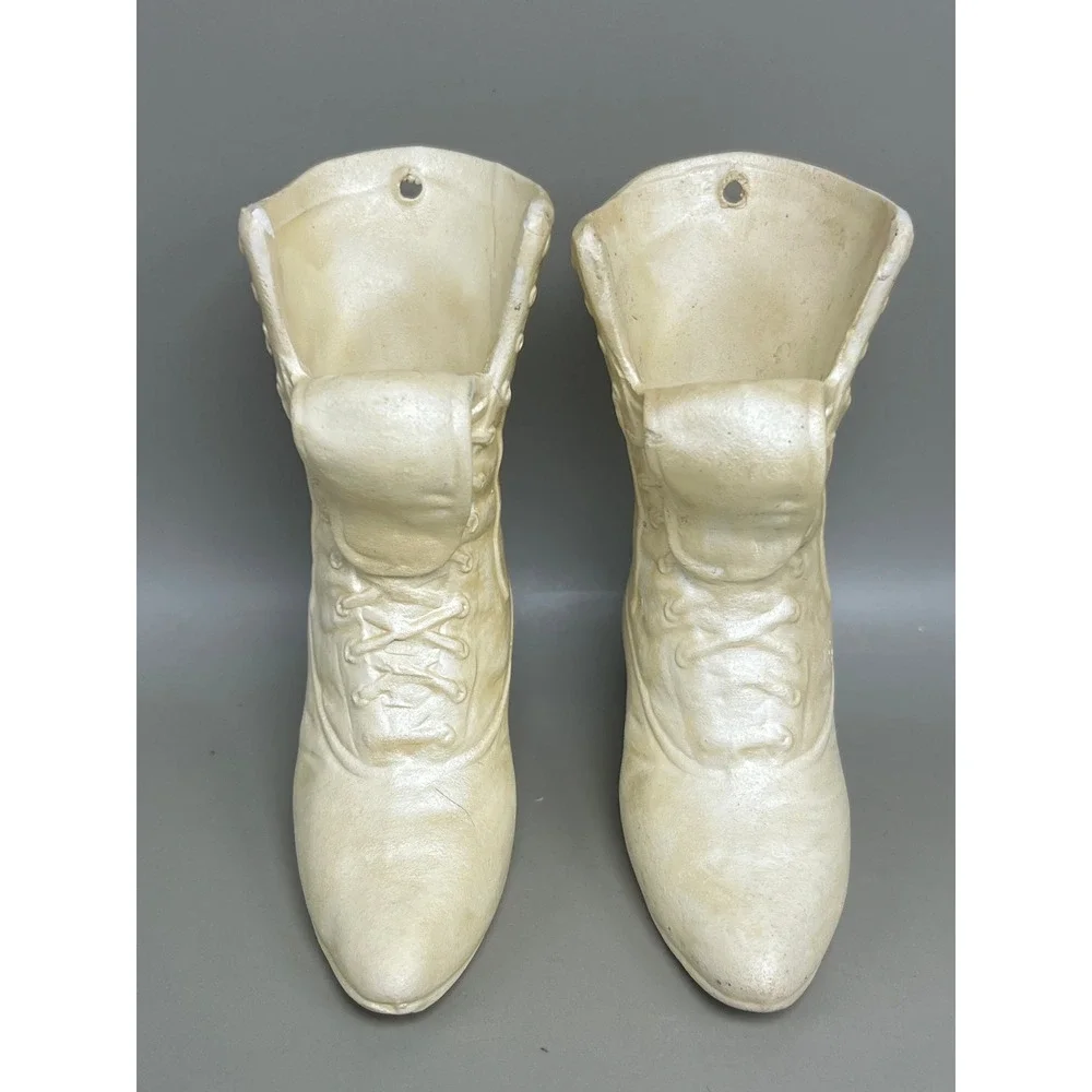 Vtg Victorian Ceramic Boot Wall Pocket Vases Cream Pearlized Pair 3.25